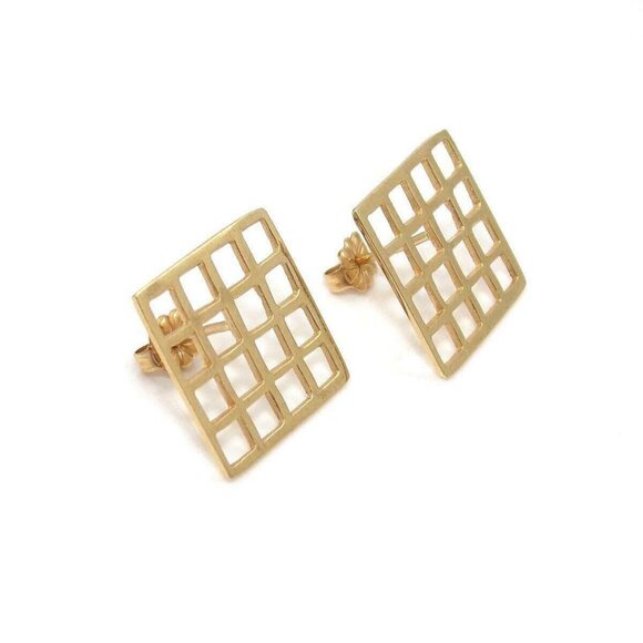 14K Yellow Gold Square Grid Waffle Earrings